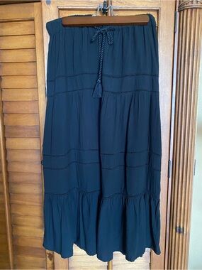 Women’s Black Tiered Maxi Skirt with Drawstring Waist